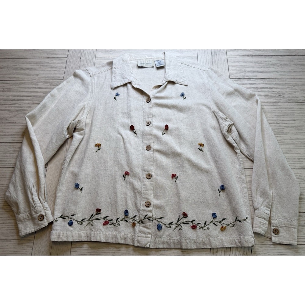 Lemon Grass Women's Linen Blend Button Up LS Shacket Blouse Top M Embroidered‎